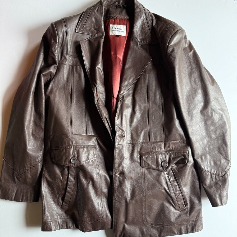 Vintage Brown Leather Trench Coat by The Leather Warehouse – Size 44